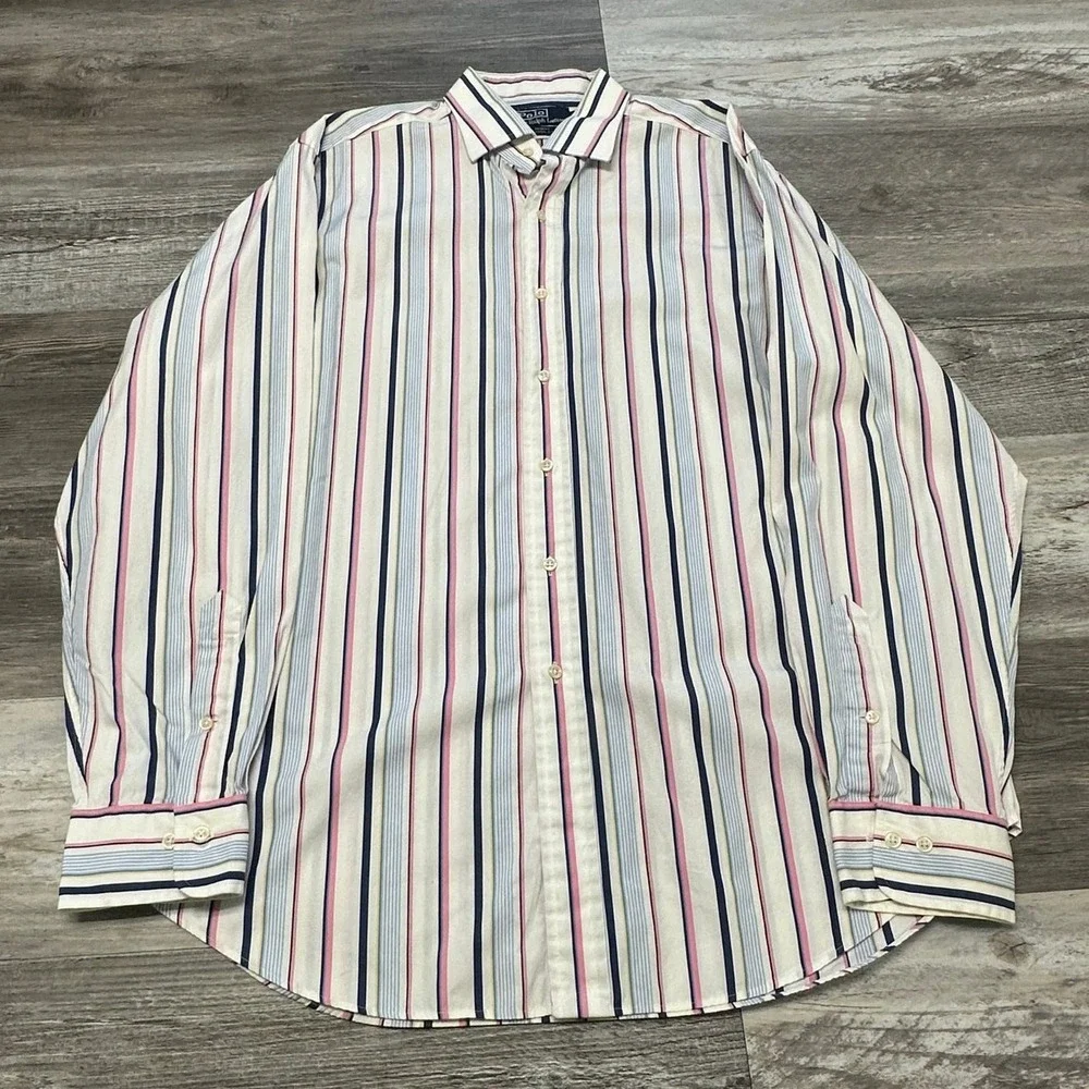 Vintage Polo Ralph Lauren Regent Mens 17 XL Button Dress Shirt Pink Blue Striped